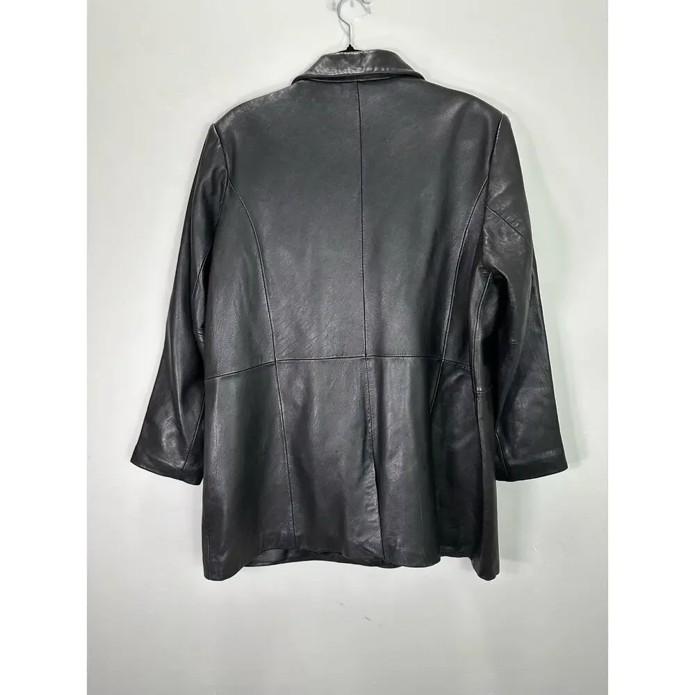Kathy Ireland Classic Black Car Length Leather Jacket Pockets Plus Size 1X
